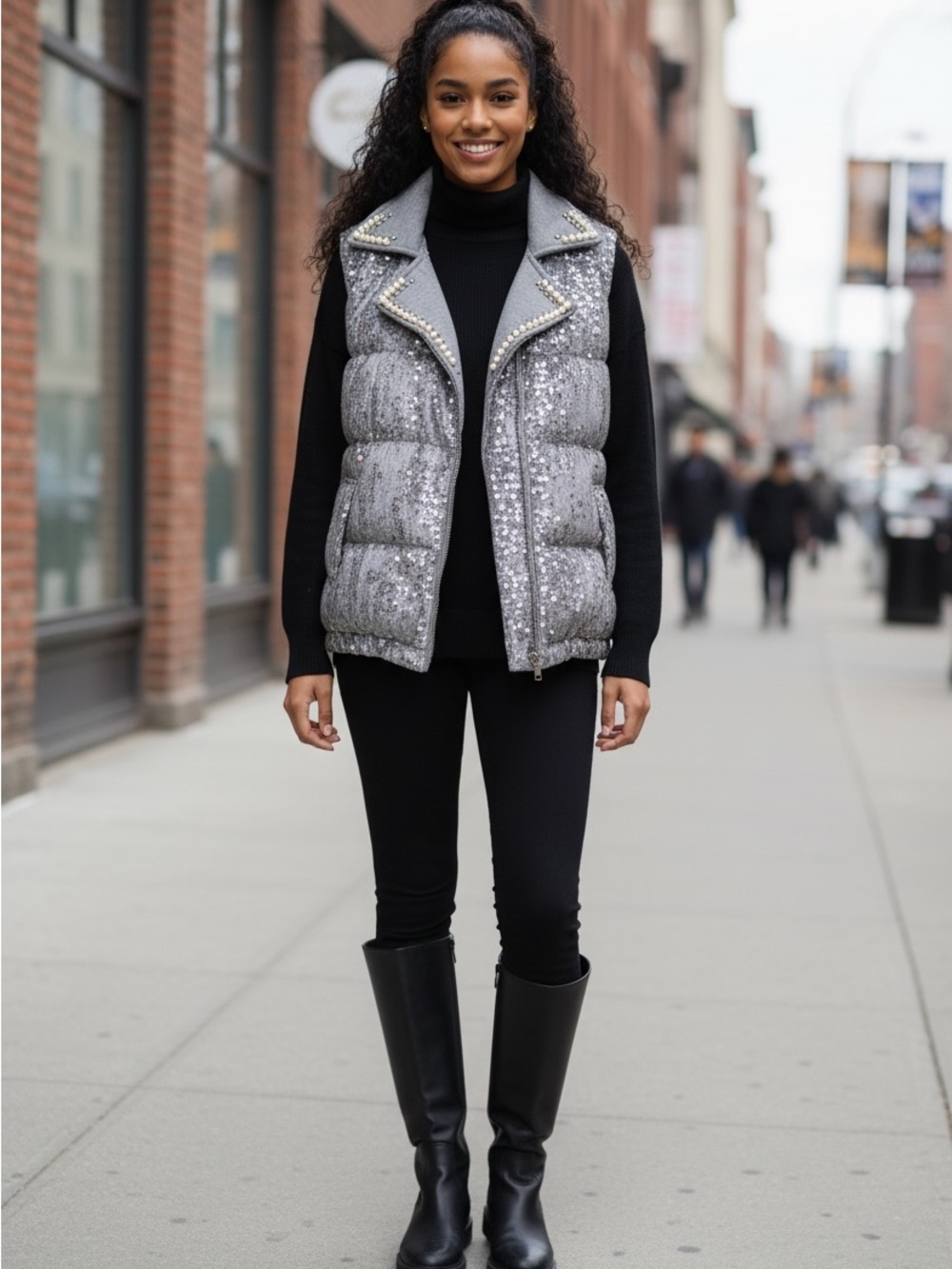 Silver Sequin Studded Puffer Vest